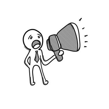 Elinde megafon tutan bir iş adamı. Doodle vektör simgesi. Çizim çizimi çizimi el çizimi çizgi film çizimi.
