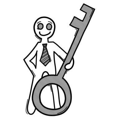 Anahtarı olan bir iş adamı. Doodle vektör simgesi. Çizim çizimi çizimi el çizimi çizgi film çizimi.