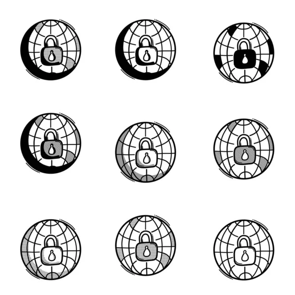 Icône Vectorielle Serrure Mondiale Dessin Dessin Illustration Ligne Dessinée Main — Image vectorielle