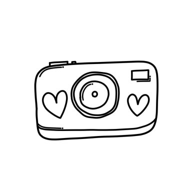 Aşk Doodle vektör simgesi olan kamera. Çizim çizimi çizimi el çizimi çizgi film çizimi.