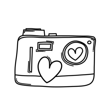 Aşk Doodle vektör simgesi olan kamera. Çizim çizimi çizimi el çizimi çizgi film çizimi.