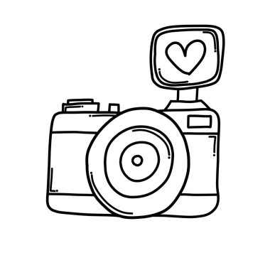 Aşk Doodle vektör simgesi olan kamera. Çizim çizimi çizimi el çizimi çizgi film çizimi.