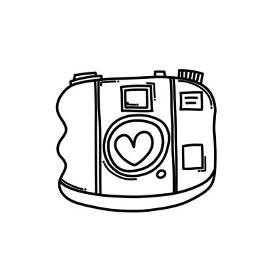 Aşk Doodle vektör simgesi olan kamera. Çizim çizimi çizimi el çizimi çizgi film çizimi.