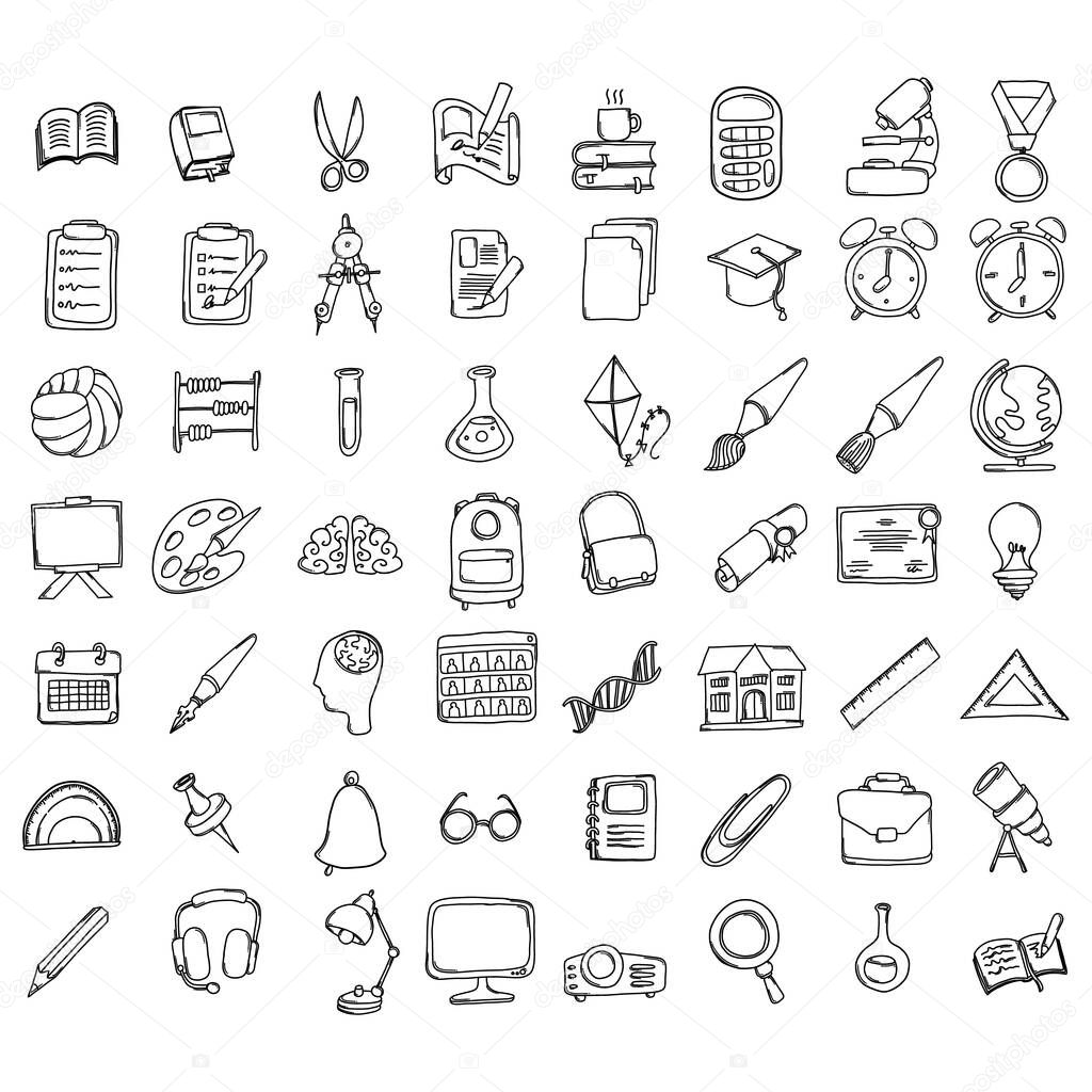 Education Doodle vector icon set. Drawing sketch illustration hand drawn line.