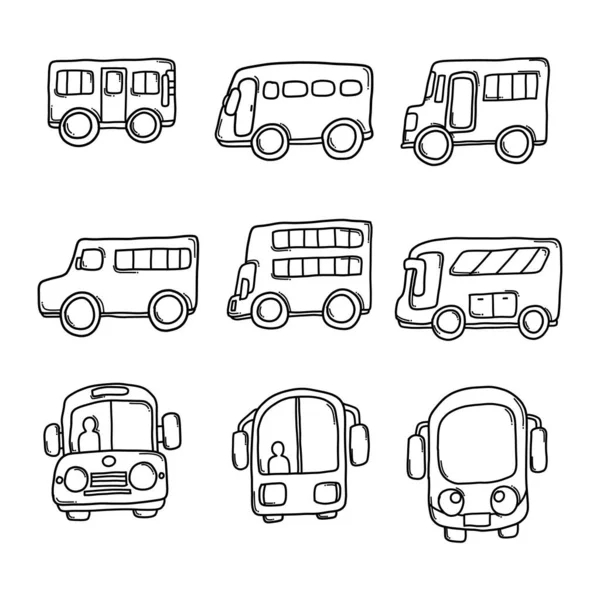 Ensemble Icônes Vectorielles Bus Doodle Dessin Dessin Illustration Ligne Dessinée — Image vectorielle