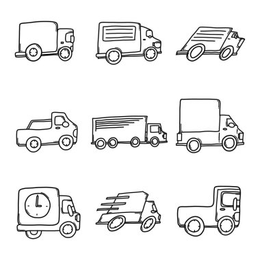 Kamyon Doodle vektör simgesi ayarlandı. Çizim çizimi el çizimi çizimi çizimi.