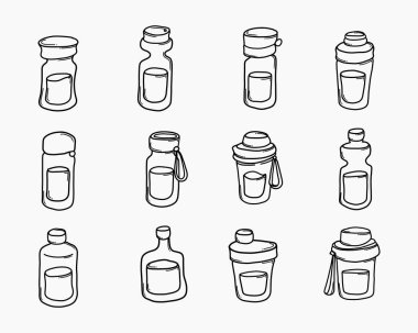 Şişe su Doodle vektör simgesi ayarlandı. Çizim çizimi el çizimi çizimi çizimi.