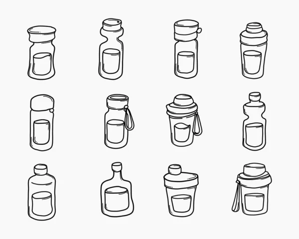 Bottiglia Acqua Doodle Set Icone Vettoriali Disegno Schizzo Illustrazione Disegnato — Vettoriale Stock