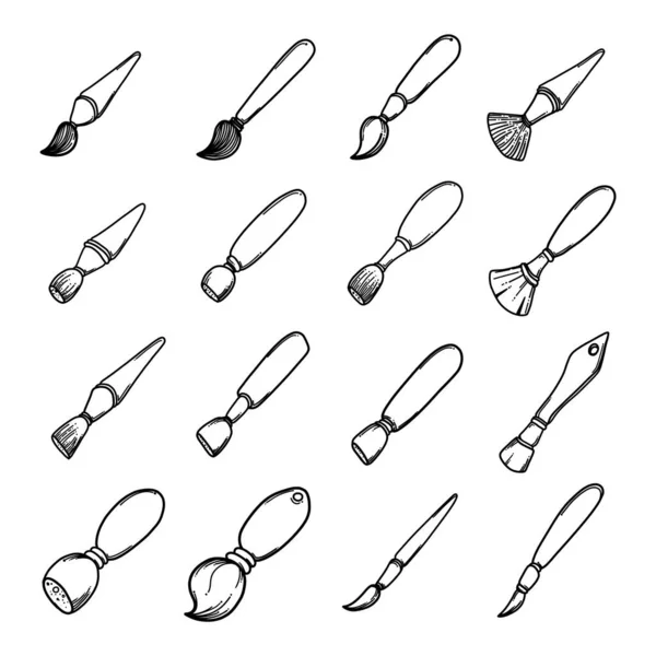 Verfkwast Doodle Vector Icoon Set Tekening Schets Illustratie Hand Getrokken — Stockvector