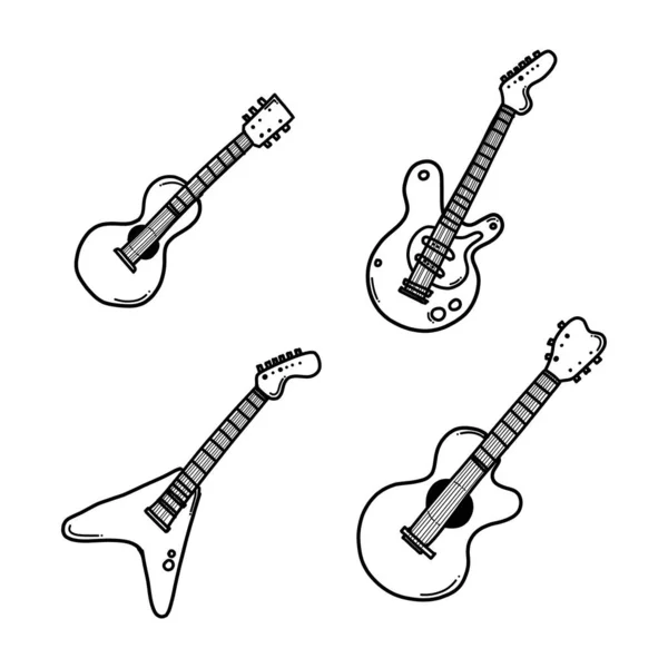Guitarra Doodle Vector Icono Conjunto Dibujo Boceto Ilustración Dibujado Mano — Vector de stock