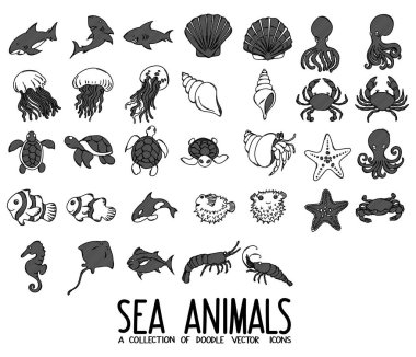 Deniz Hayvanları İlgili Doodle vektör simgesi ayarlandı. Çizim çizimi el çizimi çizimi çizimi.