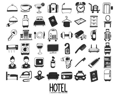 Hotel Related Doodle vector icon set. Drawing sketch illustration hand drawn line.