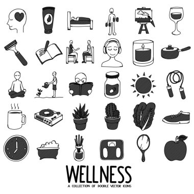 Wellness Related Doodle vector icon set. Drawing sketch illustration hand drawn line.
