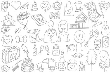 Düğünle ilgili Doodle vektör seti. Çizim çizimi el çizimi çizimi çizimi.