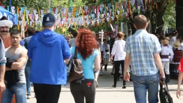 Verschillende mensen lopen op een versierde straat. — Stockvideo