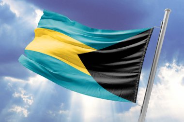 Mavi gökyüzünde sallanan Bahamalar bayrağı, 3 boyutlu. yüksek kaliteli resimleme