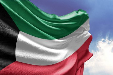 Beyaz bulutların üzerinde ulusal kuveyt bayrağı sallıyor. 3 Boyutlu Hazırlama