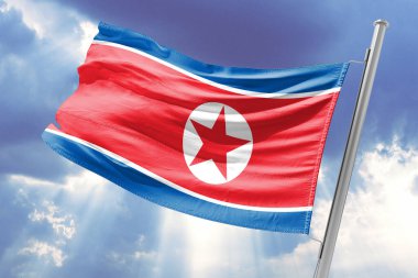 north korea flag waving in the cloudy sky. 3 d illustration.