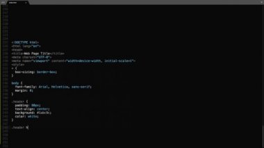 Html Programlama Dili Kaynak Kod Yazma Efekti. Html Programcısı Ticker Renkli Komutlar Düzenleyici Ekranı. Ağ Geliştirme Teknoloji Eğitimi. Kara Arkaplan. Mavi Gri Beyaz Renk Kodu Vurgulaması. 60 Saniye, 16: 9 Ekran Biçimi.