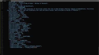 Json Programlama Dili Kaynak Kod Yazma Efekti. Json Programcısı Ticker Renkli Komuta Düzenleyici Ekranı. Ağ Geliştirme Teknoloji Eğitimi. Kara Arkaplan. Mavi Gri Beyaz Renk Kodu Vurgulaması. 60 Saniye, 16: 9 Ekran Biçimi.