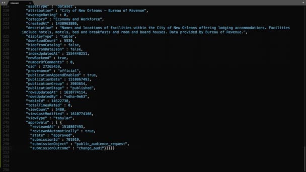 Json编程语言源代码的打字效果 Json程序员Ticker彩色命令编辑器屏幕 网络开发技术教育 黑色背景 蓝色灰色白色代码高亮 60秒 9屏幕格式 — 图库视频影像