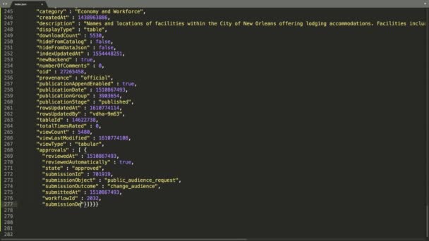 Json编程语言源代码的打字效果 Json程序员Ticker彩色命令编辑器屏幕 网络开发技术教育 棕色背景 绿色蓝色红色黄色代码高亮显示 60秒 9屏幕格式 — 图库视频影像