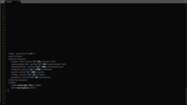 XML Genişletilebilir İşaretleme Dili Kaynak Kod Yazma Efekti. XML Ticker Renkli Komuta Düzenleyici Ekranı. Ağ Geliştirme Teknoloji Eğitimi. Kara Arkaplan. Mavi Gri Beyaz Renk Kodu Vurgulaması. 60 Saniye, 16: 9 Ekran Biçimi.