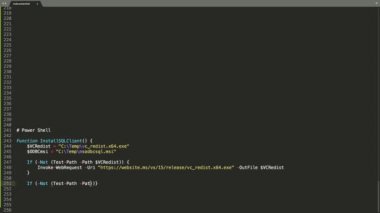 PowerShell Programlama Kaynak Kod Yazma Efekti. PowerShell Programcısı Ticker Renkli Komutlar Düzenleyici Ekranı. Ağ Geliştirme Teknoloji Eğitimi. Kahverengi arka plan. Yeşil Mavi Kırmızı Sarı Renk Vurgulaması. 