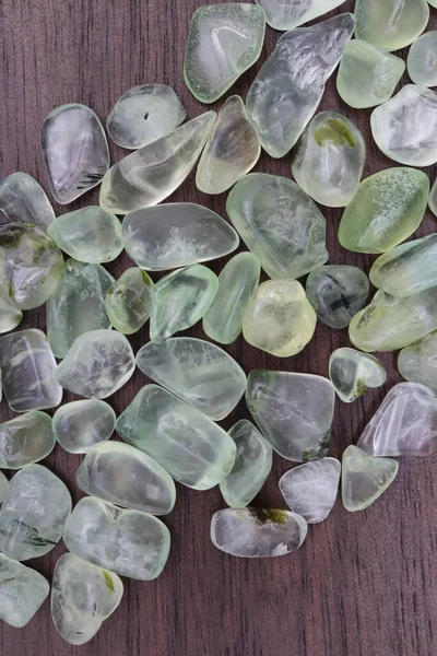 Prehnite Heap Jewel Stones Brown Varnished Wood Texture Pile Mineral — Stock Photo, Image