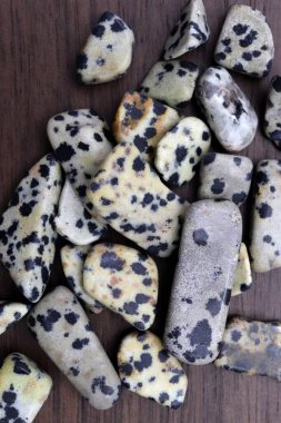 Dalmaçyalı Jasper kahverengi ahşap arka planda mücevher taşlarını üst üste yığar.