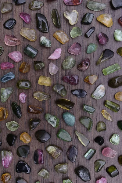 Tourmaline Rare Jewel Stones Texture Brown Varnished Wood Background — Stock Photo, Image