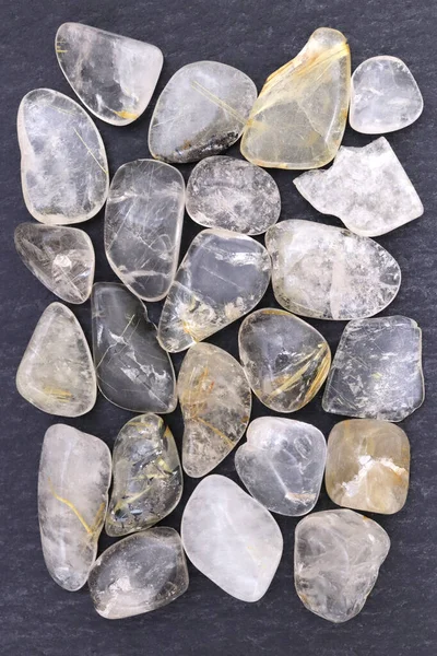 Rutilated Quartz Heap Jewel Stones Texture Black Stone Background Place — Stock Photo, Image