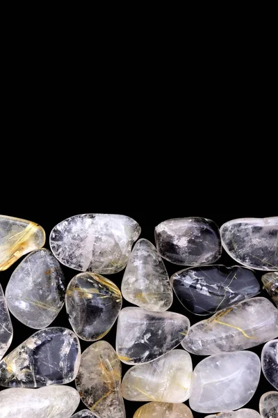 Rutilated Quartz Heap Jewel Stones Texture Half Black Background Place — Stock Photo, Image