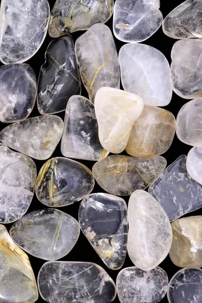 Rutilated Quartz Heap Jewel Stones Texture Black Background Place Text — Stock Photo, Image