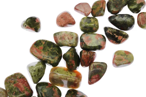 Unakite Heap Jewel Stones Texture White Light Isolated Background — Stock Photo, Image