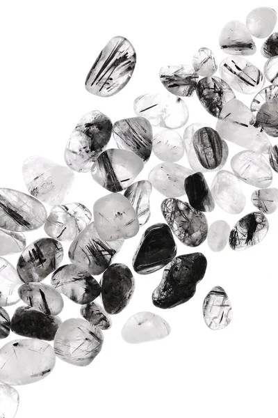 Tourmalinated Quartz Heap Jewel Stones Texture White Light Background — Stock Photo, Image