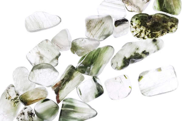 Green Rutilated Heap Jewel Stones Texture White Light Background — Stock Photo, Image
