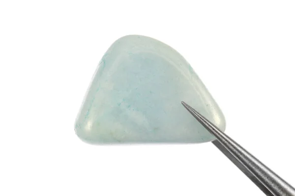 Aquamarine Jewel Stone Texture Tweezers White Light Isolated Background Macro — Zdjęcie stockowe