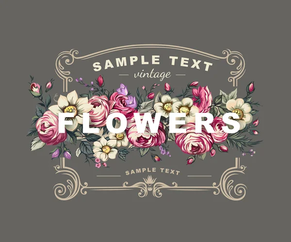 Étiquette florale vectorielle avec un cadre composé de fleurs détaillées — Image vectorielle