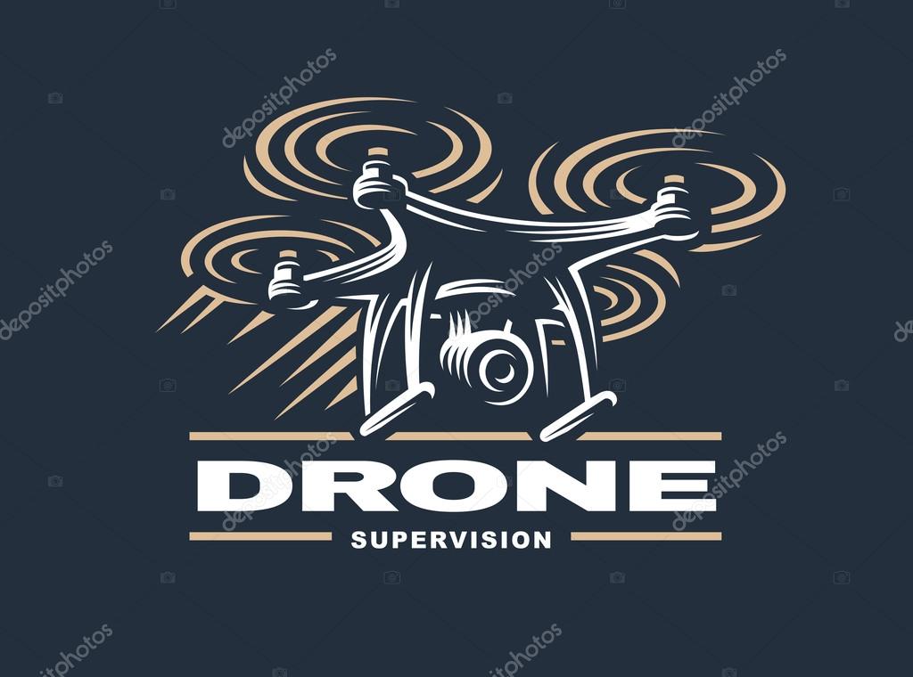Drone quadrocopter logo design, emblem on a dark background