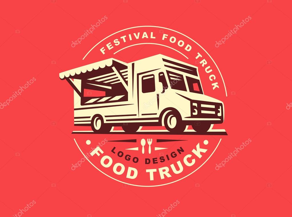 Round logo of food truck, the logos have a retro look