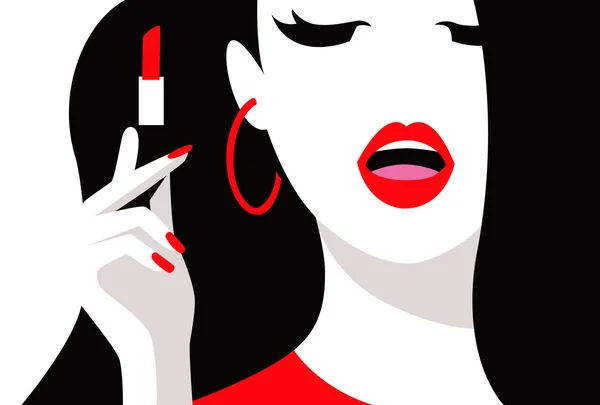 Vrouw schildert haar lippen. Pop-art, vlakke stijl. — Stockvector