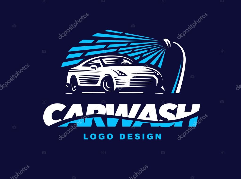 Ilustración de vector de lavado de coches sobre fondo azul, coche