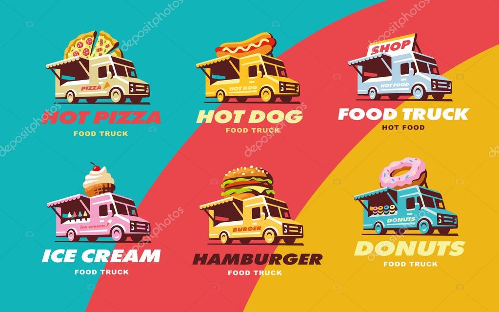 Set illustrations food truck, Pizza, hot dog, ice cream, burger donut elements