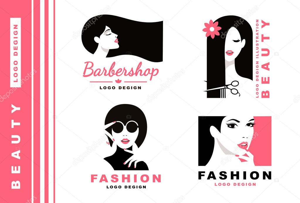 Logo Collection. Hair salon with pretty woman. Cosmetics and fashion