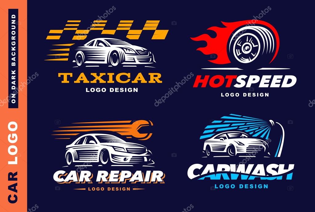Collection of logos car, taxi service, wash, repair, Competitions On dark background