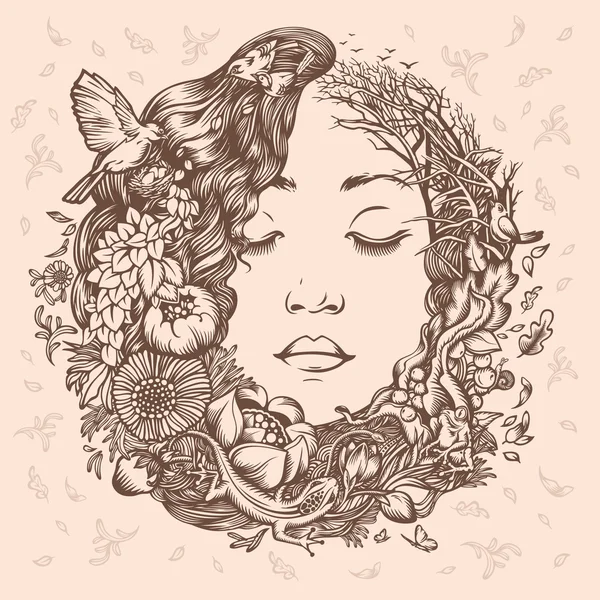 Illustration Girl as Nature. Début de la vie . — Image vectorielle