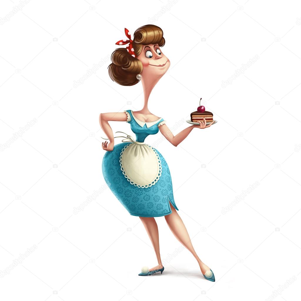 Personnage Drôle Femme Au Foyer Avec Un Gâteau