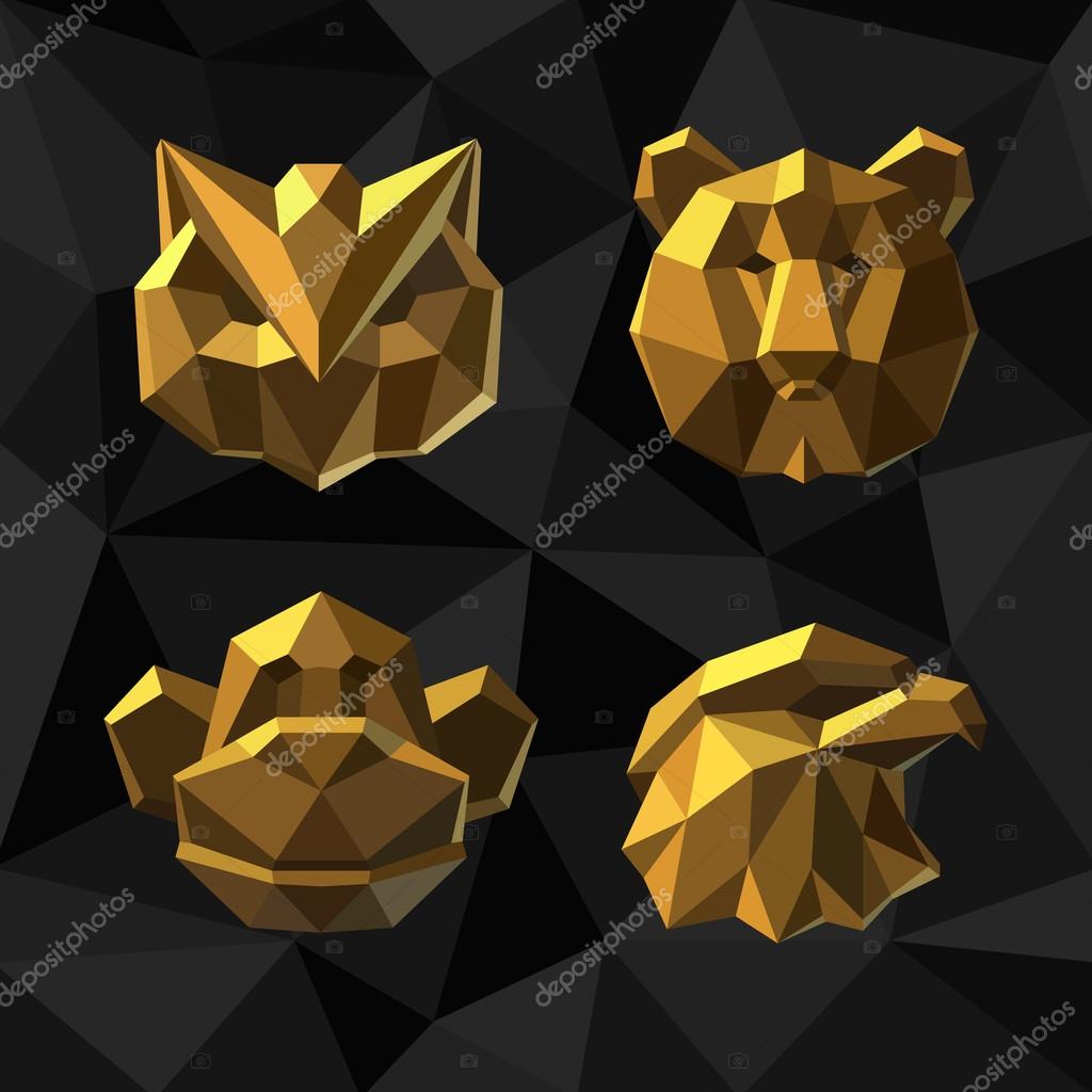 Vector illustration Golden owl bear monkey Polygon style