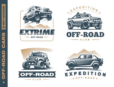 Dört off-road suv araba tek renkli etiket kümesi